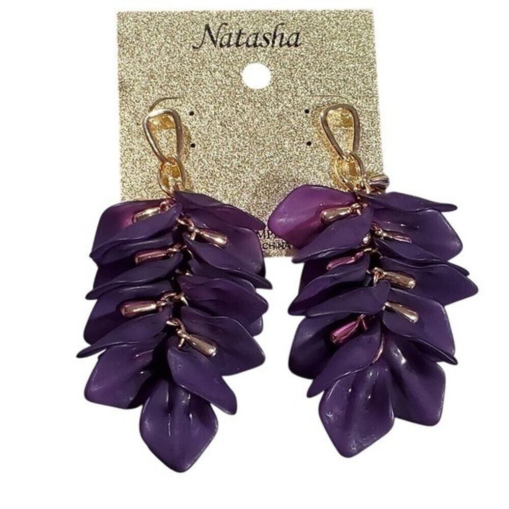 Natasha Purple Petal Tiered Statement Drop Dangle Earrings Gold Tone New
